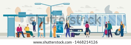 Transporting City Passengers with Bus, Modern Metropolis Public Transport System Flat Vector. Various Male, Female Characters with Baggage Waiting Bus on Outdoor Stop or Station Platform Illustration