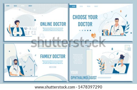 Flat Landing Page Set Offering Choose Doctor Online for Consultation. Different Free Available Medical Specialist. Professional Telemedicine and Healthcare. Vector Cartoon Design Illustration
