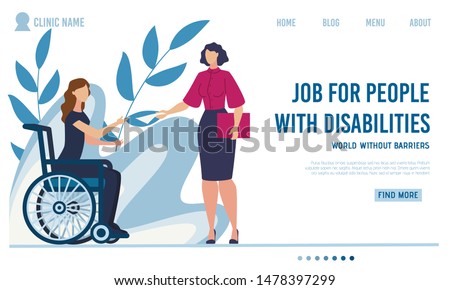 Flat Landing Page Offer Job for Disabled People. Woman with Disabilities Sitting in Wheelchair Taking Hiring Contract from Female Employer. Work Interview. Vector Cartoon Illustration. Foliage Design
