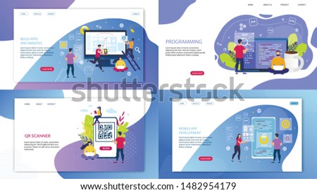 Set Flyer Inscription Qr Scanner, Programming. Banner Written Build Apps and Websites, Mobile App Development. Increase Employee Productivity. Guys and Girls Work as Programmers. Vector Illustration.