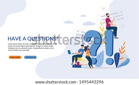 Informative Poster Inscription have a Questions? Office Organizational Needs. Vector Illustration. Guy with Girl Looking for Information on Subject in Laptop and Smartphone. E-library. Stock foto © 