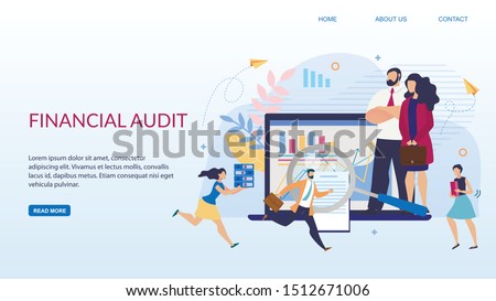 Landing Page Offering Financial Audit Online Service. Marketing Group Analyzing Financial Reports, Doing Finance and Investment Expertise, Searching Business Solution. Vector Flat Illustration