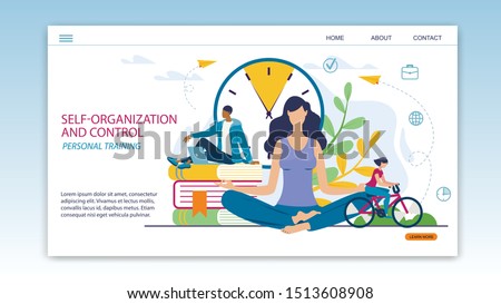 Informative Poster Self-organization and Control. Personal Training. Girl Meditates Sitting on Floor. Guy is Sitting on Big Books on Background Large Dial, next to Woman is Riding Bicycle.