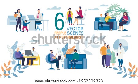 Family Psychologist Work Trendy Flat Vector Scenes Set. Female, Male Psychologists Counseling Patients, Psychotherapist Talking with Couple, Helping Parents, People Visiting Therapist Illustration Foto d'archivio © 