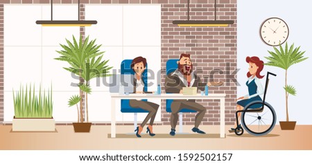 Hiring Person with Disabilities Trendy Flat Vector Concept. Boss, Company Hr Manager Talking with Woman in Wheelchair, Conducting Job Interview with Disabled Female Vacancy Candidate Illustration