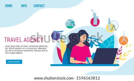 Travel Agency Clients Support, Call-Center or Helpline Service Trendy Flat Vector Web Banner, Landing Page Template. Company Manager, Helpdesk Worker in Headset Communicating with Clients Illustration