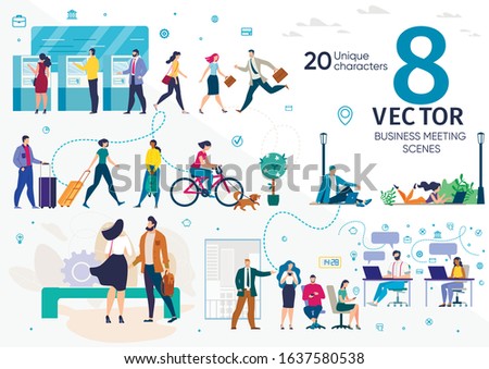 City Citizens, Company Employees, Freelancers or Students Life Scenes, Work Situations, Distance Work, Social Networks Addiction, Office Work, City Travel Concepts Trendy Flat Vector Illustrations Set