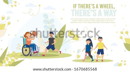 Disabled Children Active and Happy Life, Social Equality Trendy Flat Vector Banner, Poster Template. Disabled Girl in Wheelchair, Injured Child on Prosthesis Playing, Walking 3with Friend Illustration