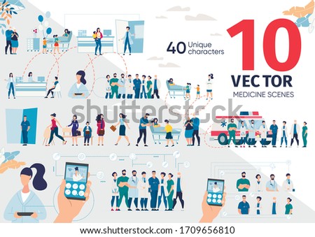 Patients Hospitalization, Mobile Services for Healthcare Trendy Flat Vector Scenes, Concepts Set. Modern Clinic Personnel, Medicine Professionals, Ambulance Team, People in Hospital Ward Illustrations