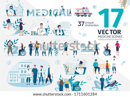 Family Doctors, Medical Specialists, Hospital Nurses, Various Patients, Disabled and Senior People Trendy Flat Vector Characters Set. Hospital Personnel, Online Counseling, Emergency Help Illustration