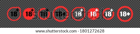 18 over years underage warning, eighteen plus year recomendation collection rating over red circle icon set