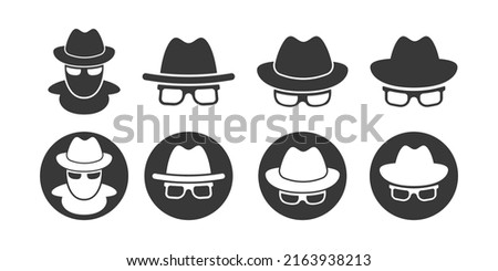 Incognito private mode vetor icon. Anonymous spy symbol. Man with hat and glasses.