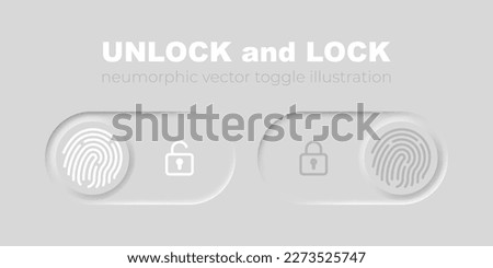 Unlock and lock vector toggle switch in modern minimalistic neumorphic style. Biometrical safety slider, appsecurity graphic interface element.
