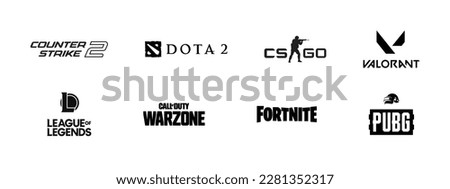 Zdolbuniv, Ukraine - March 27, 2023
Counter Strike 2, Dota 2, CSGO, Valorant, League of Legends, Call of Duty Warzone, Fortnite, Pubg online games logo. Editorial vector illustration.