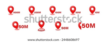 Location distance vector icon set. Map pin collection. Locator radius pointers.