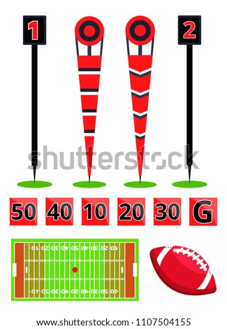 American football field equipments set. Flat cartoon vector illustration icons on white background. Marking for field with ball. Referee set for american football.  40th,10th,20th,30th,50th yard.Sport