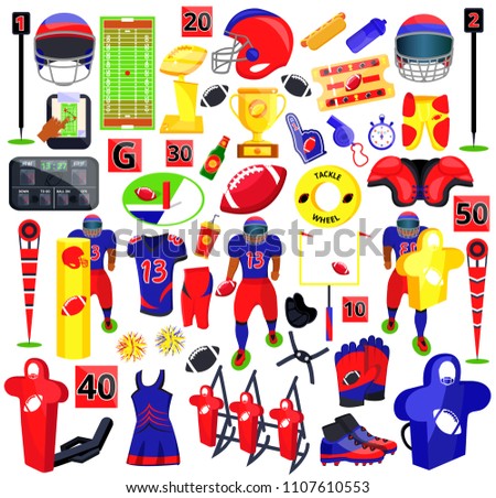 American football sport set. Flat cartoons vector illustration icons on white background. Sport gear, helmet, player, field, fan, food, protection, training equipment, referee, cup