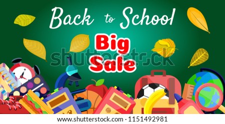 Welcome back to school sale banner,poster with school supplies,education tools,bag. Flat cartoon vector illustration. First day in school. School supplies. Layout for discount labels, flyers, shopping