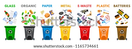 Reduce, Reuse, Recycle waste. Garbage collection. Recycling trash. Trash can: paper,metal,organic,plastic,batteries,e-waste,glass,mix. Flat cartoon vector illustration icon. Isolated on white. sorting