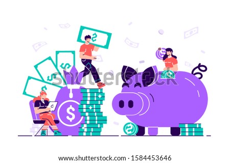 Vector flat illustration, a large piggy bank in the form of a piglet on a white background, financial services, small bankers are engaged in work, saving or accumulating money, a coin box with falling