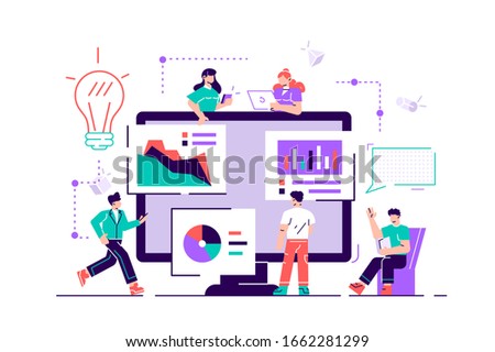 Vector illustration. Creative teamwork. People are building a business project on the Internet. The monitor screen is a building site. Collective performance of tasks. Flat vector modern design style