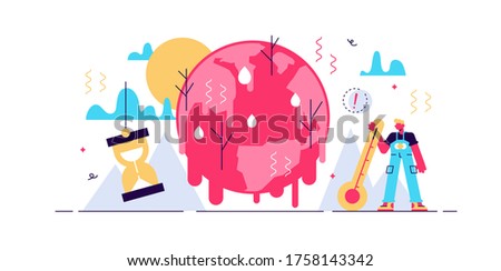Melting earth vector illustration. Tiny poles ice warming persons concept. Hot climate environment danger with temperature rising and greenhouse effect anomaly. Disaster weather cataclysm ice danger.