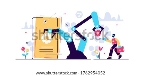 Human resources automation vector illustration. Flat tiny person working concept. 21st century challenge - workforce employment social crisis. Digital era algorithm artificial intelligence domination.