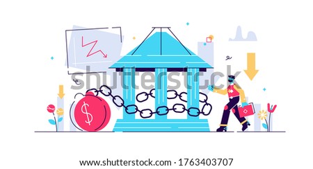 National debt vector illustration. Tiny government credit persons concept. Global and domestic money loss problem. Bad economy and finance deficit risk symbol. Country loan crisis and bankruptcy risk.