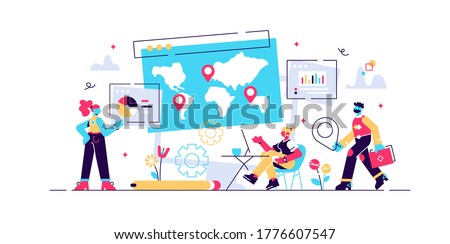 Global business research, international company extension strategy. Social media dashboard, online marketing interface, social media metrics concept. Vector isolated concept creative illustration