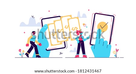 Payment transfer concept, flat tiny persons vector illustrations. Digital wallet operations between peers. Abstract stylized money transaction process. Adding funds and refilling personal bank account