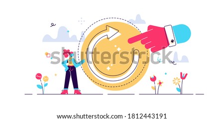 Refresh concept, flat tiny person vector illustration. Restart project with a new vision or rework the strategy. Renew life goals and direction. Reload new system updates abstract stylized symbol.