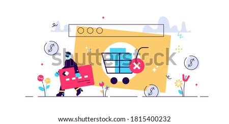 Abandoned card vector illustration. Flat tiny cancel purchase persons concept. Lack of buy motivation scene with left full cart as PIN forgotten or insufficient funds reason. Exit and deny transaction