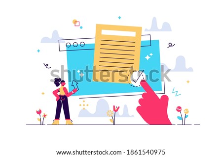 digital User agreement document for legal protection purposes with tiny persons concept. Pop-up text window with confirm button vector illustration. End client account terms and conditions acceptance scene.