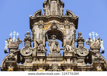 Santiago de Compostela cathedral: Santiago sculpture on top of the Facade del Obradoiro
