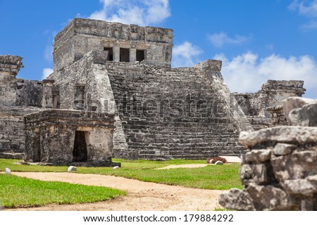 El Castillo of Tulum, archeological site in the Riviera Maya, Mexico.  Site of a Pre-Columbian Maya walled city serving as a major port for CobÃ?Â¡