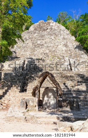 Pyramid structure known as La Iglesia in the ruined city of CobÃ?Â¡, Yucatan, Mexico