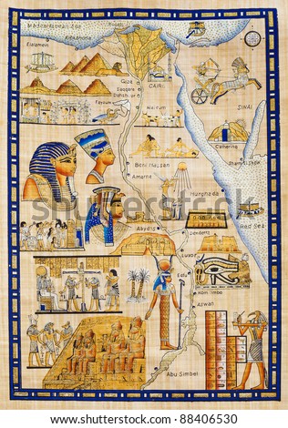 Egypt map drawn on Papyrus with elements most prominent of the antique Egypt