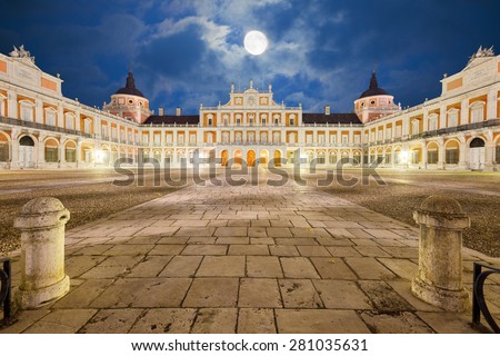 Royal Palace of Aranjuez, main court at night. Community of Madrid, Spain. It is a residence of the King of Spain open to the public