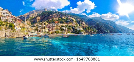 Positano coast , Italy, 2019. Positano village in the mountains. Coastal or coast view. Positano, is a village on the Amalfi Coast, Salerno, Campania. Sea Beach Travel destinations. Europe. Italian.  Foto d'archivio © 