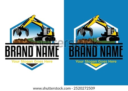 emblem Peel Grab soil claw Excavator heavy equipment illustration logo design