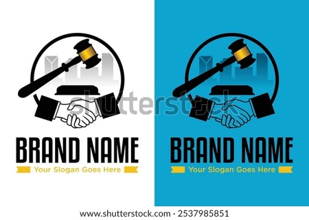 modern simple Handshake with judge gavel with city landscape illustration logo design