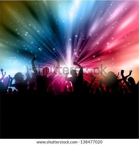 Silhouette of a party crowd on an abstract starburst background