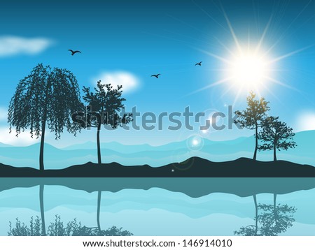 Sunny landscape background with reflection in lake