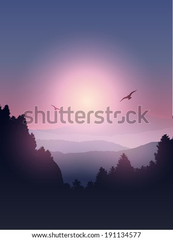 Landscape background with forest of trees against a sunset sky