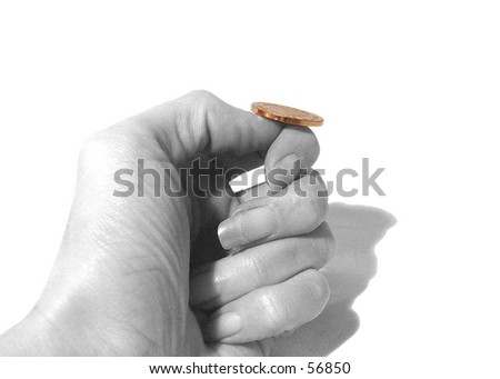 Hand tossing a coin with only the coin in colour