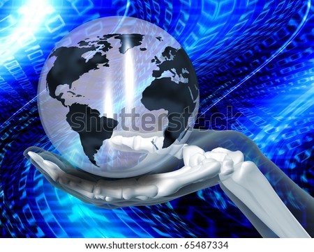 Skeleton hand holding a globe on a binary code background