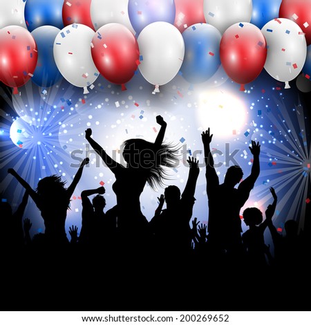 Silhouette of a party crowd on a 4th July Independence day background