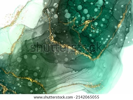 Jade green hand painted alcohol ink background with gold glitter elements 