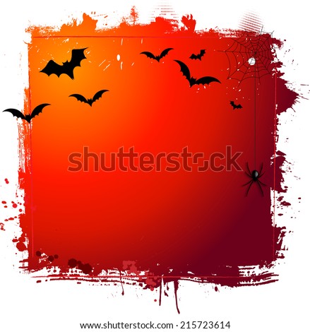 Grunge Halloween background with bats and hanging spider