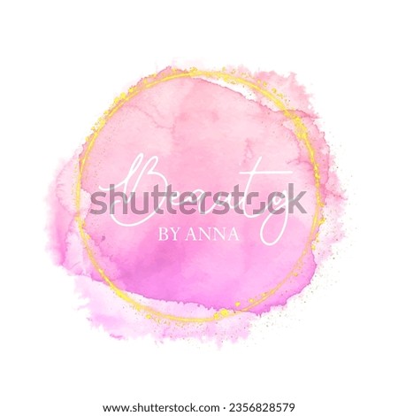 Elegant hand painted watercolour logo design with glittery gold circular border 